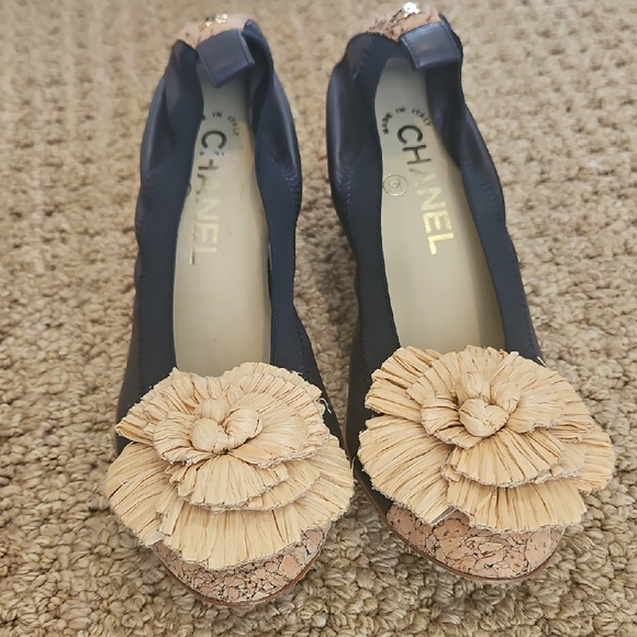 CHANEL Shoes - CHANEL Navy and Cream Flats with Floral Accent